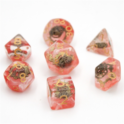 Clear Pink Bronze Cogs Dice - Resin Dice set - Epic Dwarf Dice